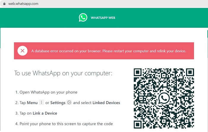 WhatsApp Web Database Error Browser
